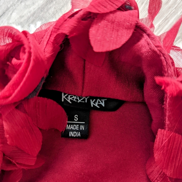 Red Asymmetrical Open Cardigan with Rose Border - Picture 2 of 2